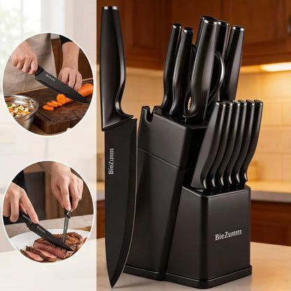 BieZumn Kitchen Knife Set with Black 3-Piece or 14-Piece Options for Everyday Home Cooking, Fruit Preparation and Meal Prep, Multi-Purpose Kitchen Cutlery Selection