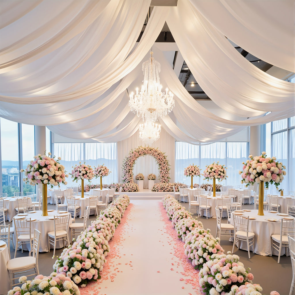 Wedding Ceiling Draping Fabric Set, Six Chiffon-Style Panels with Listed 63 x 118 Inch Size and Pole Pockets in Twelve Color Labels for Ceremony and Event Decor