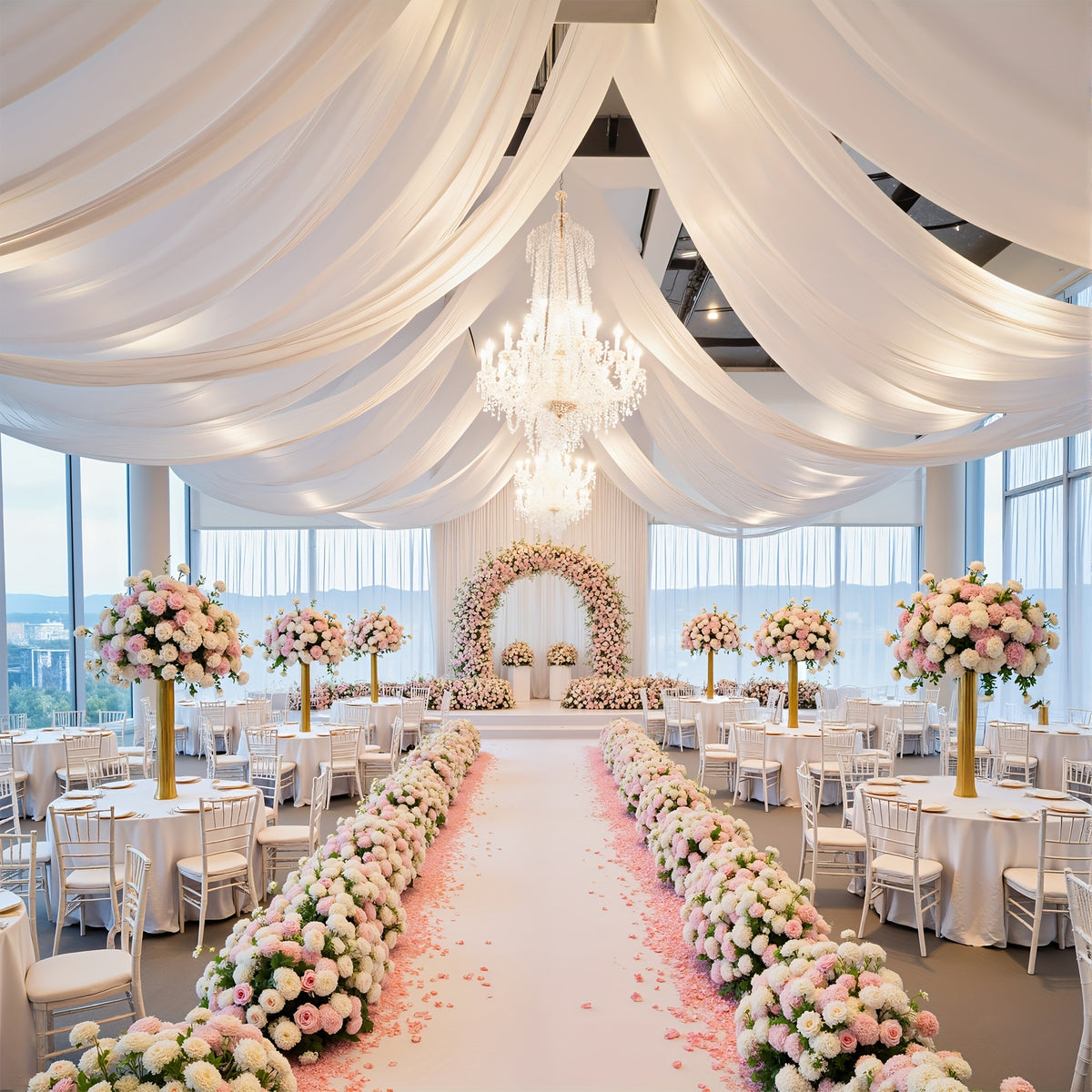 Wedding Ceiling Draping Fabric Set, Six Chiffon-Style Panels with Listed 63 x 118 Inch Size and Pole Pockets in Twelve Color Labels for Ceremony and Event Decor
