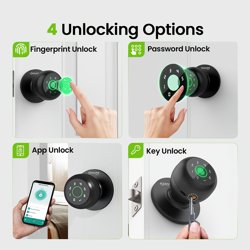 GHome Smart Door Knob Lock with Listed Fingerprint, Keypad and App Features, K20, K10, K02A and PRO Model Options for Compatible Door Access Setups