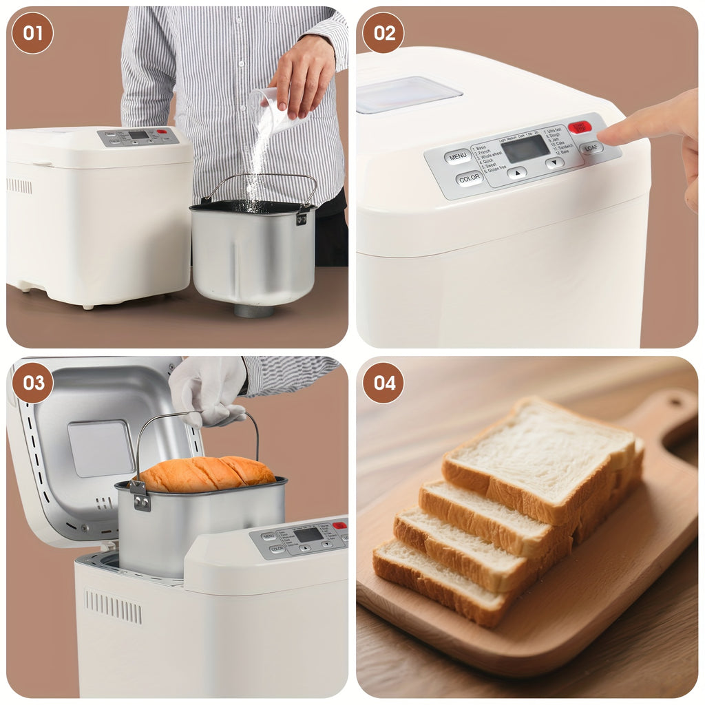 Bread Machine 2LB 12-in-1 with Gluten-Free Setting, Nonstick Pan, 2 Loaf Sizes, 13-Hour Delay and 1-Hour Keep Warm for Home Baking in White