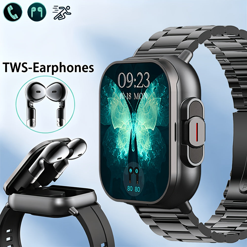 2-in-1 Smartwatch and Wireless Earbuds for Men with Music Control, Sports Modes and Activity Insights, Black or Silvery Watch and Steel Strap Options
