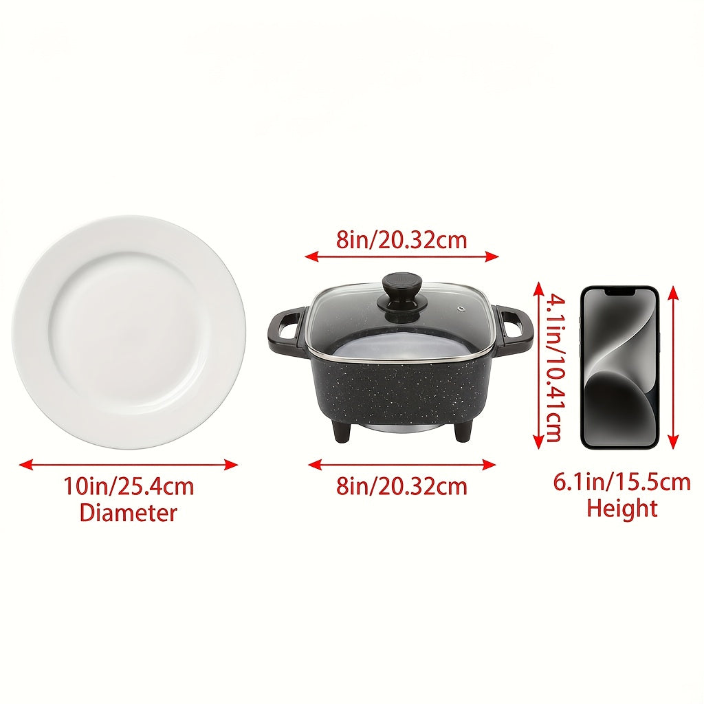 Square Mini Electric Cooking Pot with Listed 8-Inch Size, Nonstick Speckled Coating and Glass Lid, Regular, Upgraded Utensil Bundle and Red Enamel Model Labels