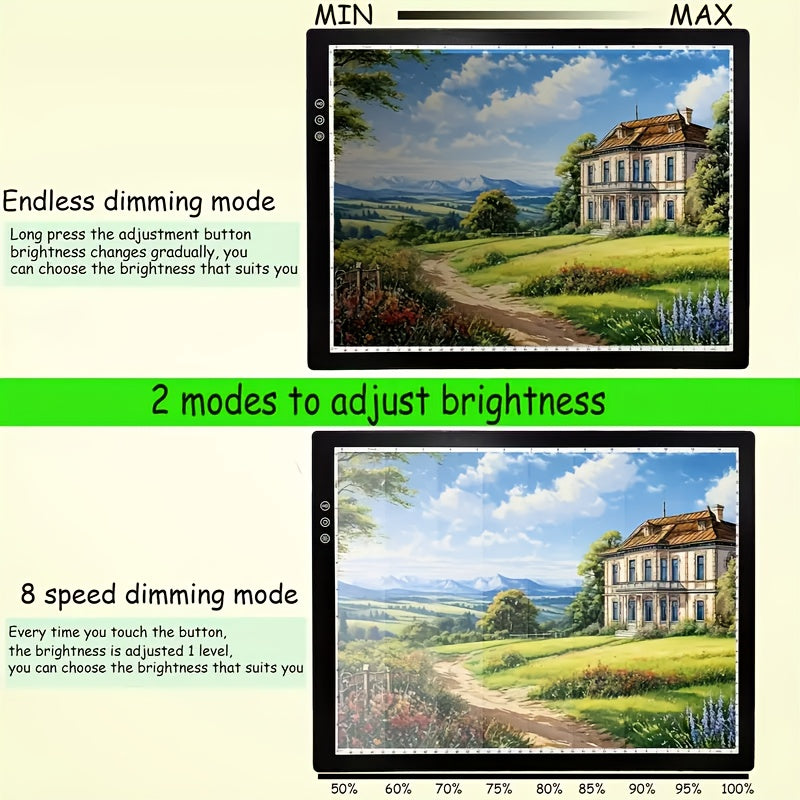 A3 Diamond Painting LED Light Box with Listed Three Color Modes and Eight Dimming Levels, USB Power, Plastic Stand and Four Swan Neck Clip Option Labels