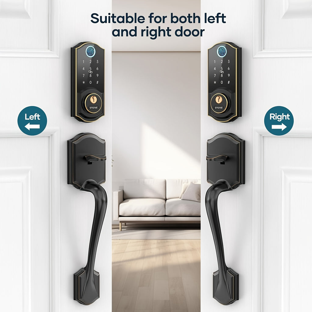 SMONET Fingerprint Deadbolt and Handle Set with Bluetooth, Digital Keypad, Phone App and Auto-Lock Wording, Black, Silvery or Oil Rubbed Bronze Options