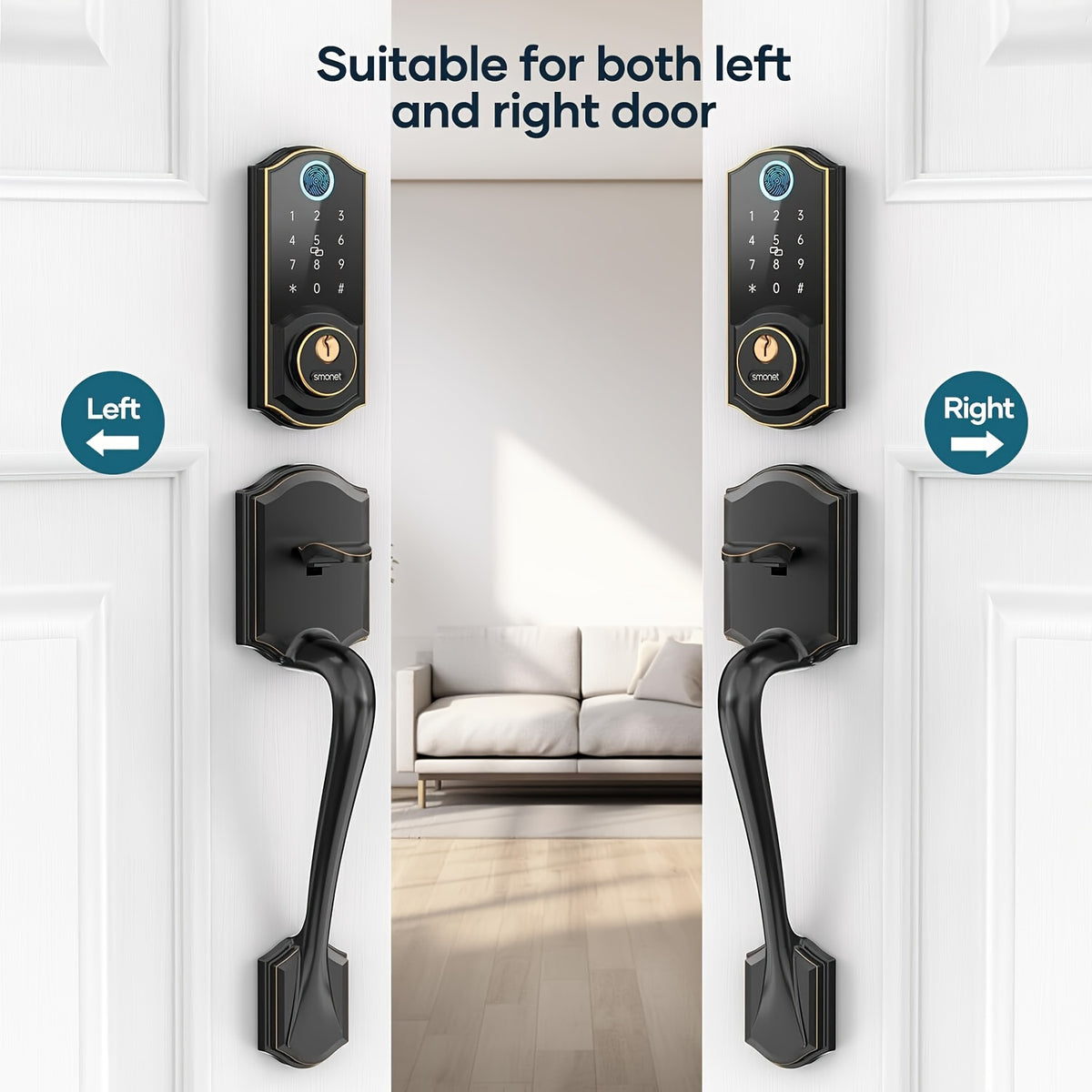 SMONET Fingerprint Deadbolt and Handle Set with Bluetooth, Digital Keypad, Phone App and Auto-Lock Wording, Black, Silvery or Oil Rubbed Bronze Options