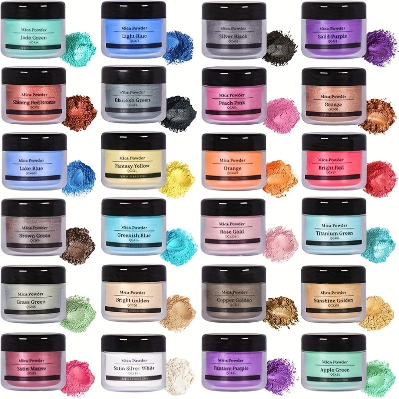 Mica Powder Pigment Set by SEISSO with 24 Listed Shimmer Colors in Labeled Bottles for Compatible Epoxy Resin Art, Acrylic Painting and Decorative Craft Projects