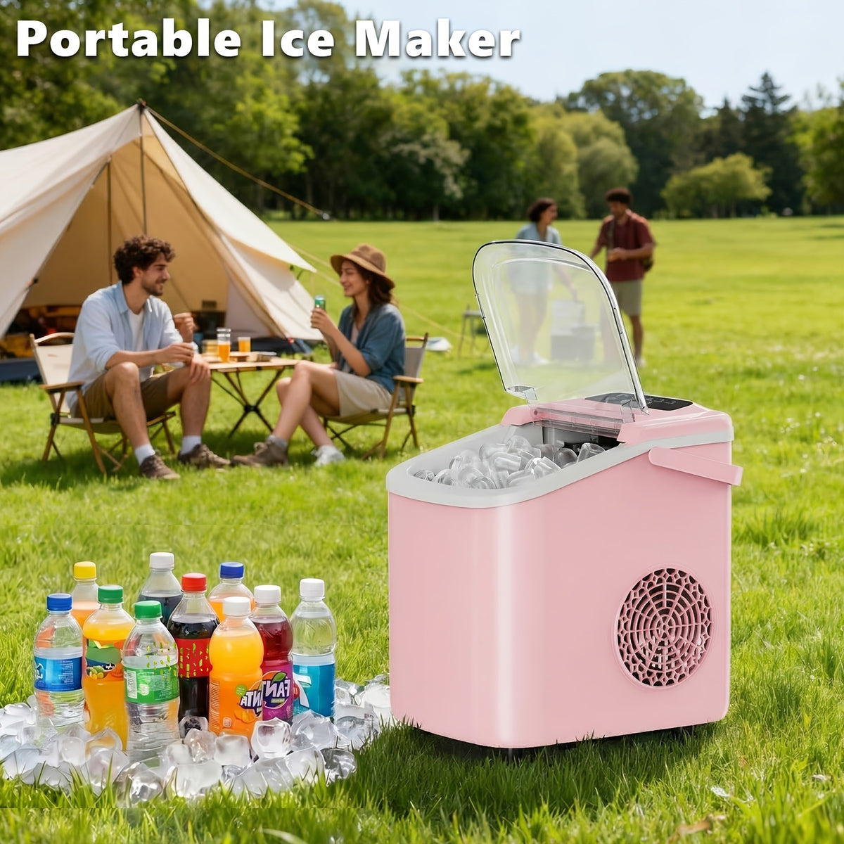 White Bullet Ice Maker with Carry Handle, Self-Cleaning Function, Ice Scoop and Basket, Listed Nine-Cube Six-Minute Cycle for Kitchen, Office and Party Drinks