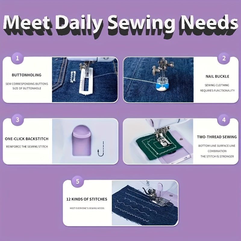 Electric Home Sewing Machine in Light Purple with Listed 12 Stitch Settings, Reverse Sewing, Thread Winding, Tension Dial and Sewing Light for DIY Fabric Projects