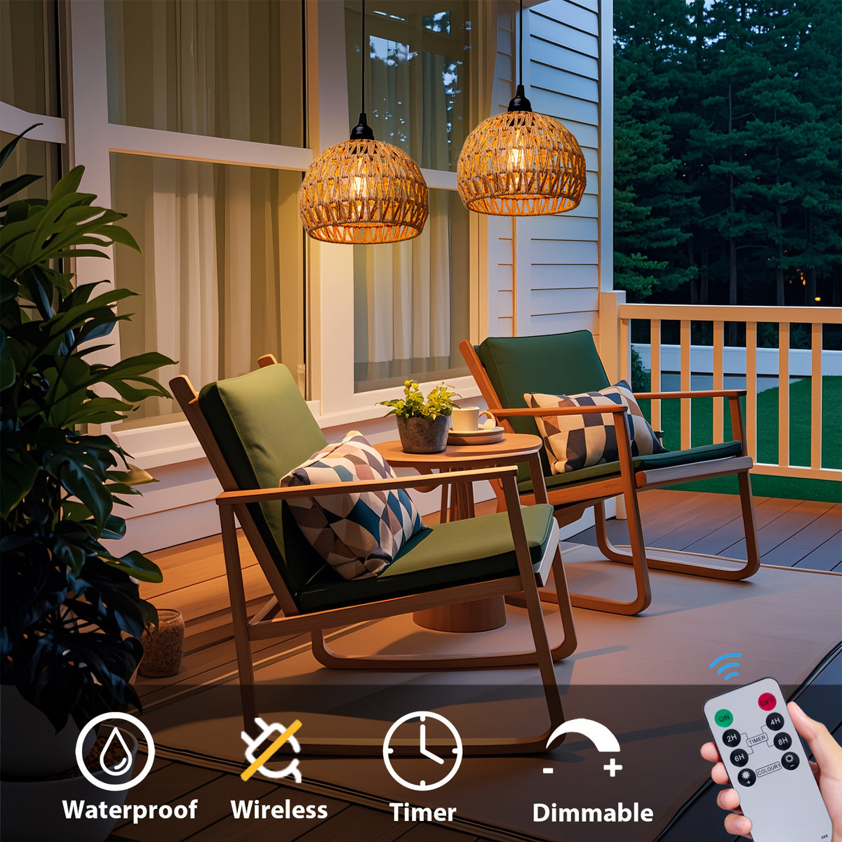 Battery Pendant Lights in a Two-Piece Woven Rattan-Style Set with Remote Control, Dimmable Warm White LED and Timer for Decorative Hanging Displays