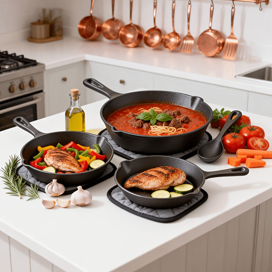 Cast Iron Skillet Set, 3-Piece Pre-Seasoned Round Pans with Handles for Stovetop Meals, Steak and Omelette Cooking, Camping and Compatible Grill Use