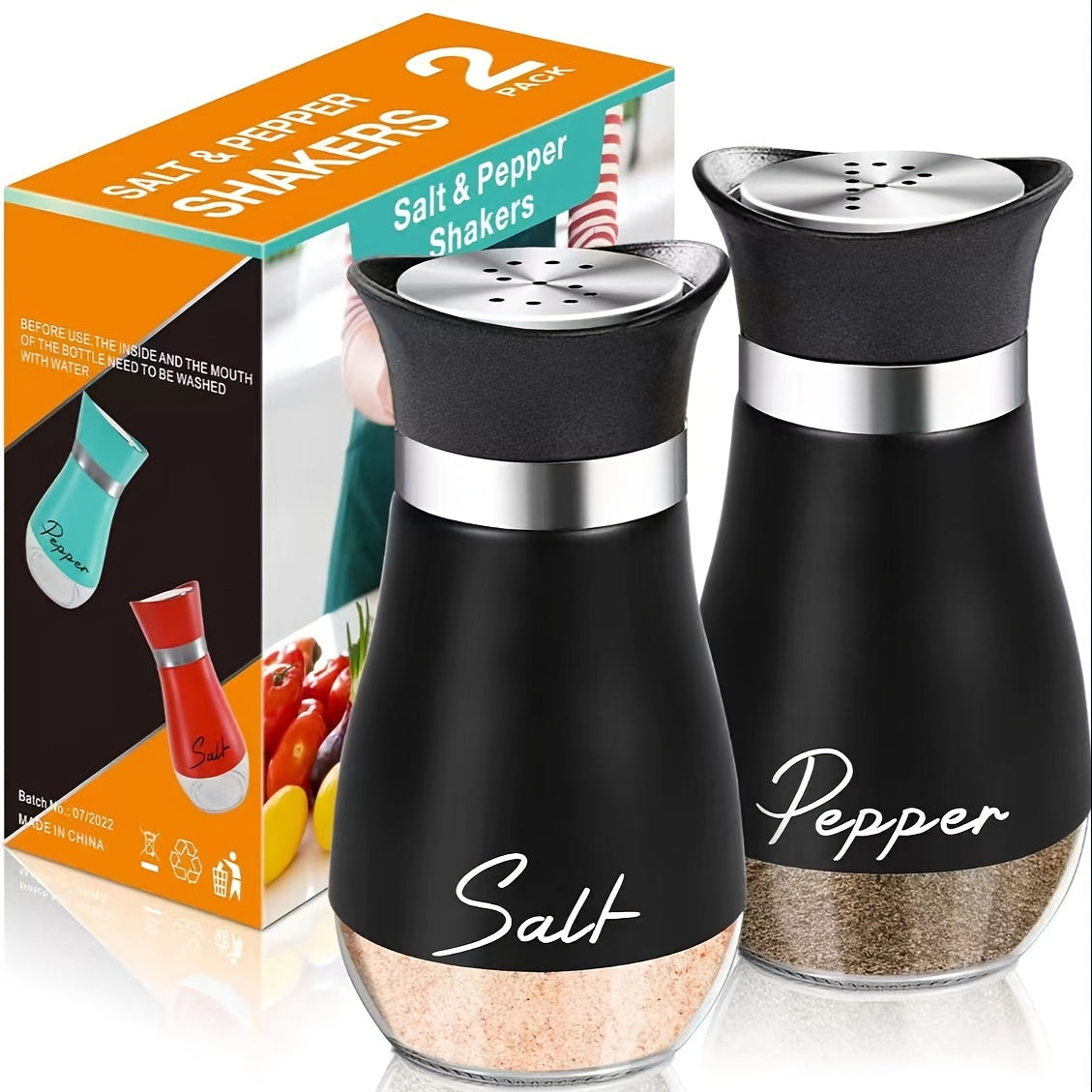 Salt and Pepper Shakers with Glass Bottoms and Stainless Steel Lids, Nine Color Set Options for Everyday Table Seasoning, Kitchen Dining, RV Meals and Barbecues
