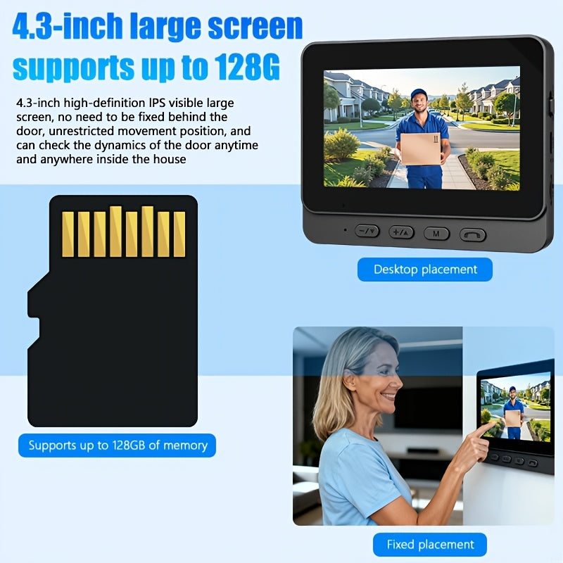 Wireless Video Doorbell Set with Listed 4.3-Inch Display, No-WiFi No-App Connection, Two-Way Intercom and SD Card Support for Home Visitor Viewing