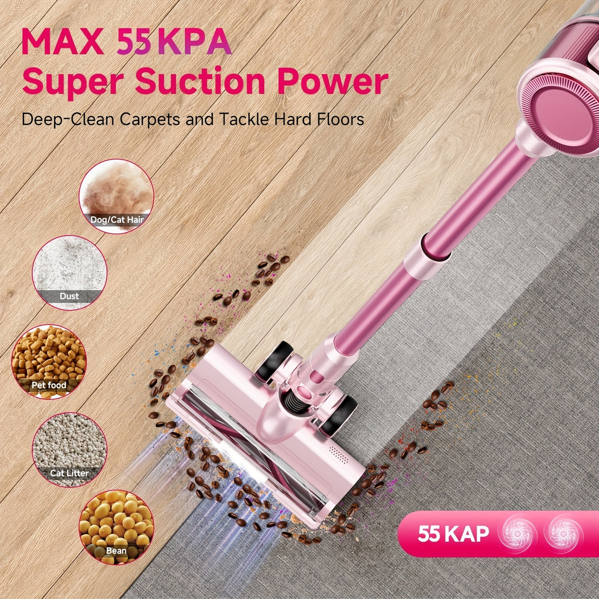 LED-Lit Convertible Stick Vacuum with Listed 55kPa Suction, Handheld Cleaning Format and Nine Color Labels for Compatible Floors, Carpets and Pet Hair Cleanup