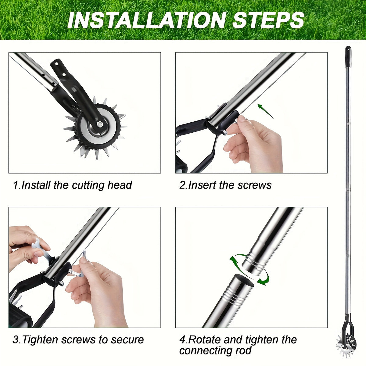 Manual Wheeled Lawn Edger by Sakerplus with Stainless Steel Sectional Handle, Three or Four Pole Sections for Garden Borders and Sidewalk Grass Trimming