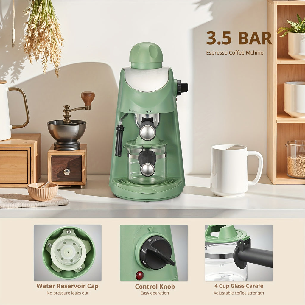 3.5 Bar Steam Espresso Machine Yabano, Compact Four-Cup Coffee Maker with Built-In Milk Frothing Wand and Removable Drip Tray in Black for Home