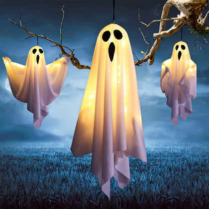 LED Hanging Ghost Decorations 3-Pack, Listed 20-Inch White Polyester Halloween Ghosts for Indoor Parties and Suitable Porch, Tree and Yard Displays