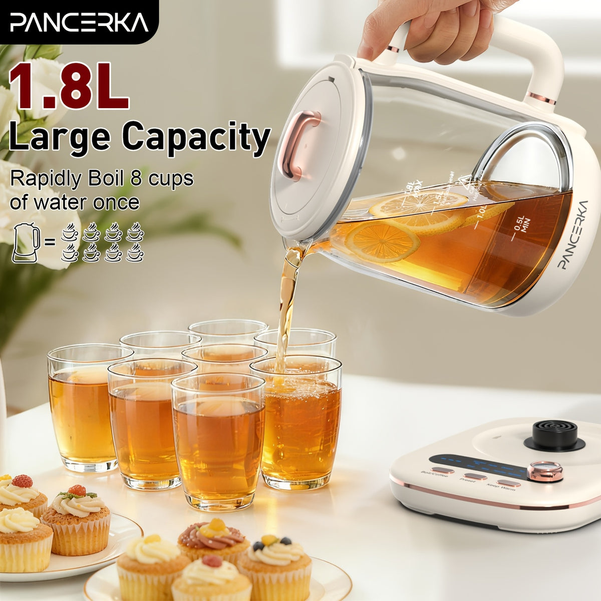 Electric Glass Tea Maker by PANCERKA, 1.8L Multifunction Kettle with Infuser and Detachable Filter in Beige for Home Tea Brewing & Kitchen Use
