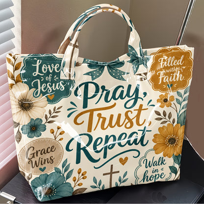 Christian Tote Bag with Floral and Cross Design, Faith-Inspired Glossy Shoulder and Top Handle Handbag for Church, Casual Outings and Everyday Carry