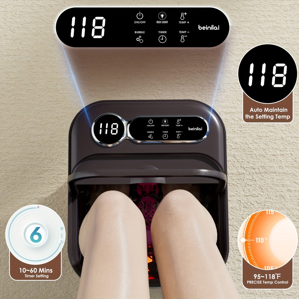 Foldable Heating Foot Spa Basin with Temperature Control, Massage Rollers, Bubbles and Pedicure Kit Wording, Portable or Rose Red Touch Model Options