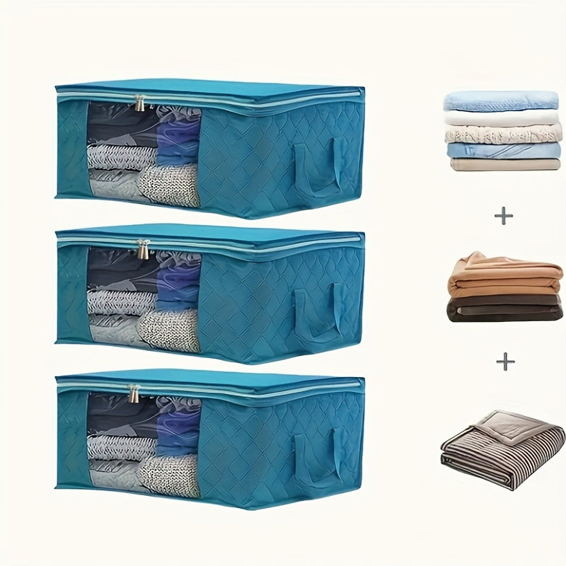 Clothing Storage Bags Set of 3 with Lids and Handles, Foldable Blanket and Quilt Organizers for Bedroom Closets, Wardrobes and Suitable Under-Bed Spaces