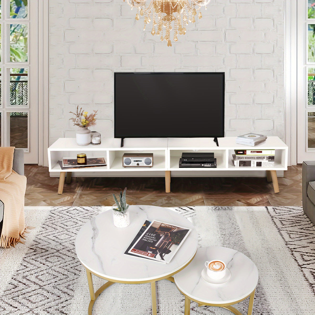 Open Shelf TV Stand with Listed 59-Inch Size and 30–65-Inch Television Compatibility, White or Black Options for Living Room Media Storage and Entertainment Setups