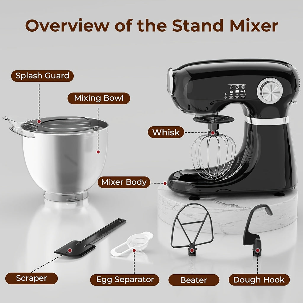 Electric Stand Mixer with Listed 350W Power, 12 Speeds and Pulse Button, Stainless Steel Bowl, Paddle, Dough Hook and Whisk in Grey, Black or Red for Home Baking