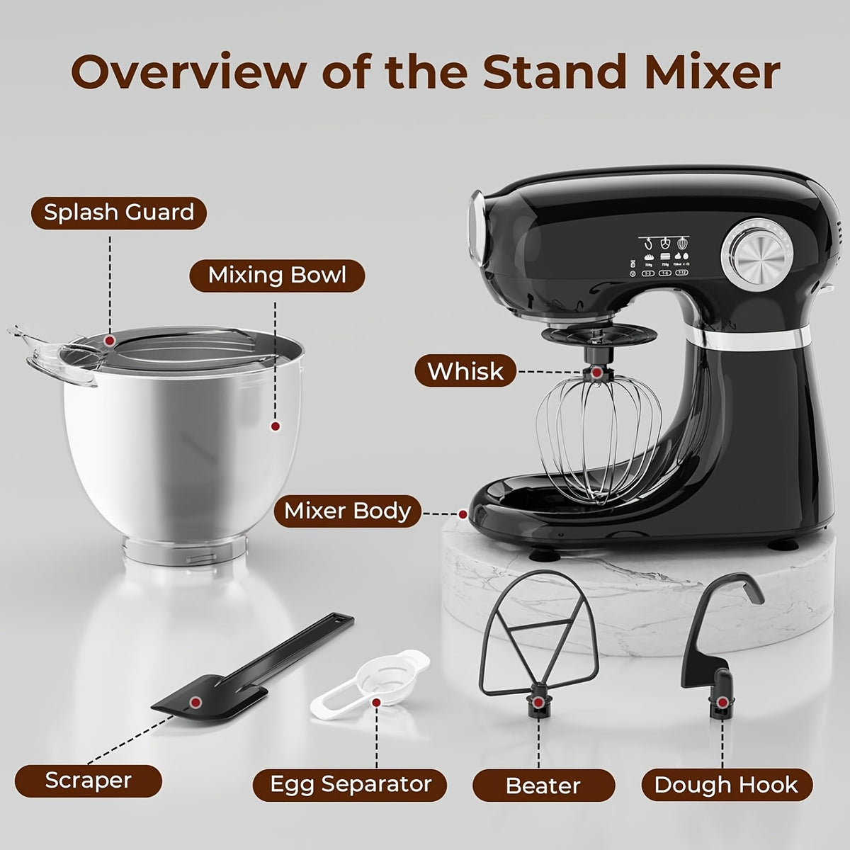 Electric Stand Mixer with Listed 350W Power, 12 Speeds and Pulse Button, Stainless Steel Bowl, Paddle, Dough Hook and Whisk in Grey, Black or Red for Home Baking