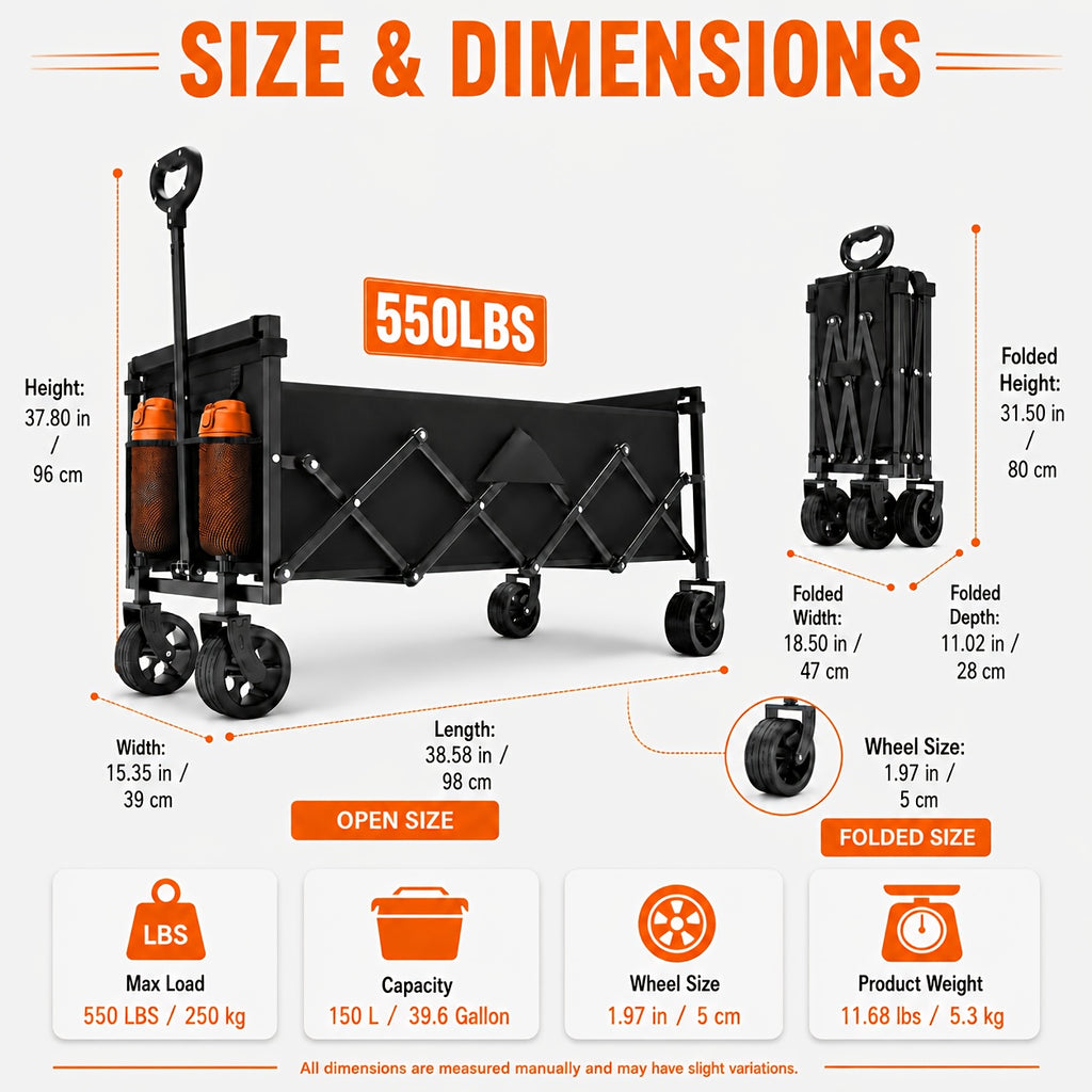 Collapsible Utility Wagon with Cup Holders and Swivel Wheels, S to XL Folding Cart Options for Groceries, Garden Supplies, Camping Gear and Beach Trips