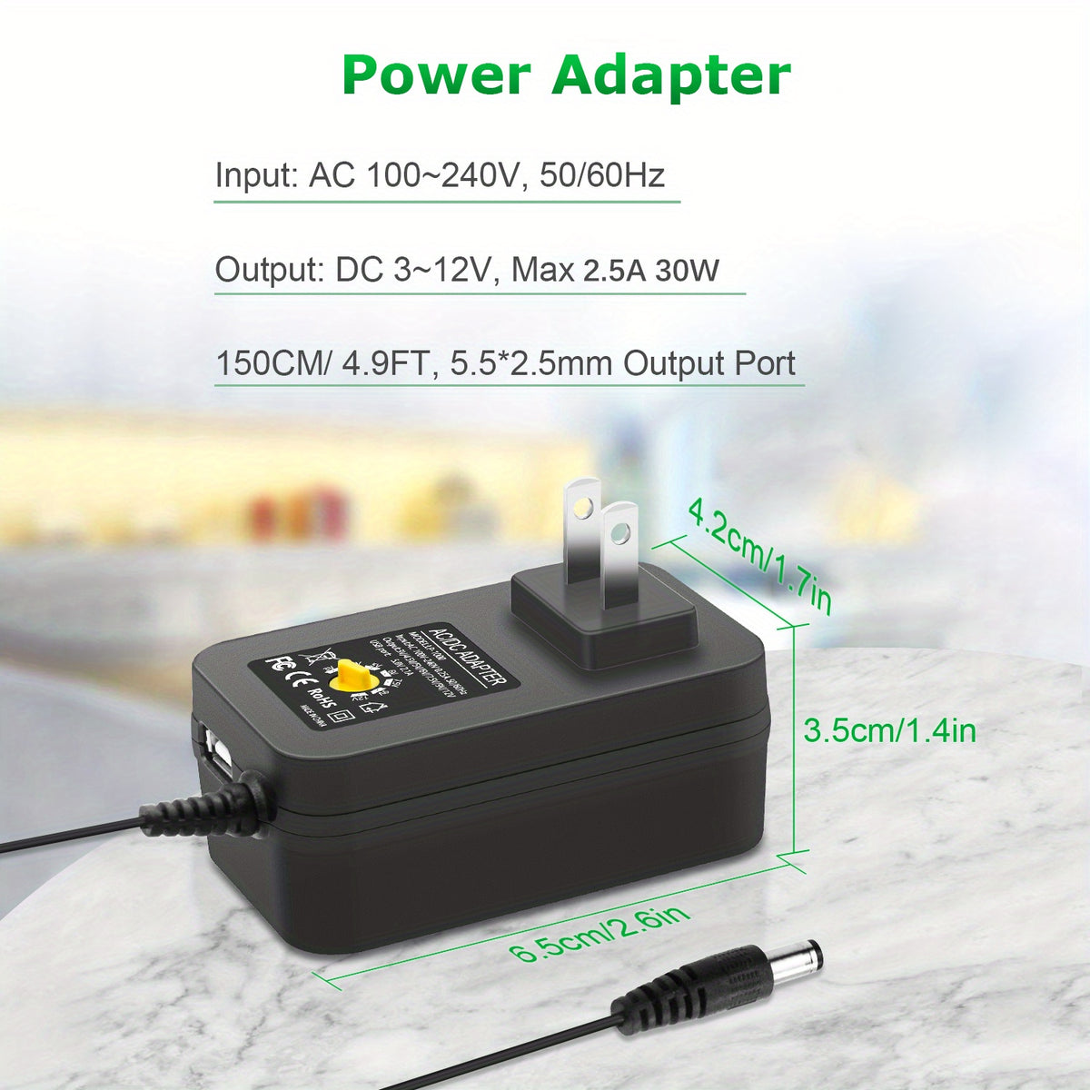 Adjustable AC/DC Power Adapter by ALITOVE, 3V–12V Selectable Output, 30W Maximum, 14 Connector Tips and Listed 5V 2.1A USB Port for Compatible Electronics