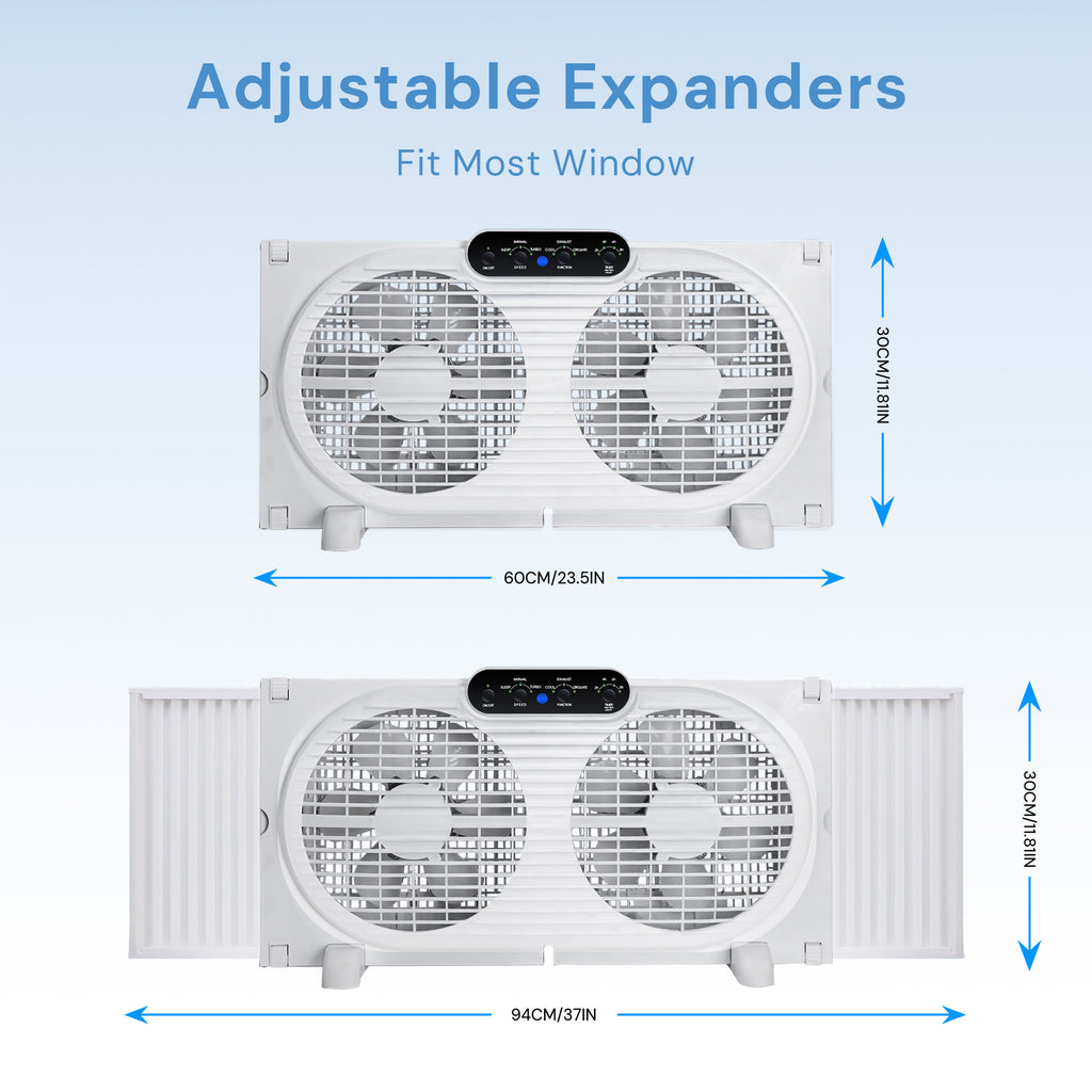 Twin Window Fan with 9-Inch Design, Reversible Airflow and Three Speeds, Listed 23.8-37 Inch Expandable Width with Remote or Timer Options for Home Bedrooms