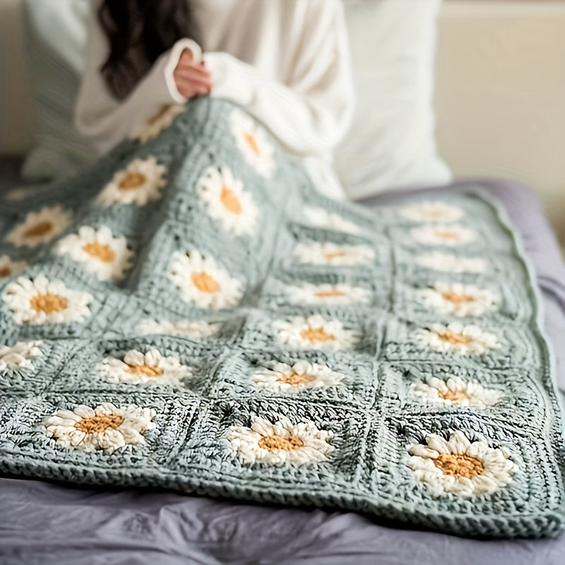Daisy Blanket Crochet Kit for Beginners, Green Granny Square Project with Listed 19 x 50g Yarn, Two Ergonomic Hooks and Step-by-Step Diagram Instructions for DIY Crafting