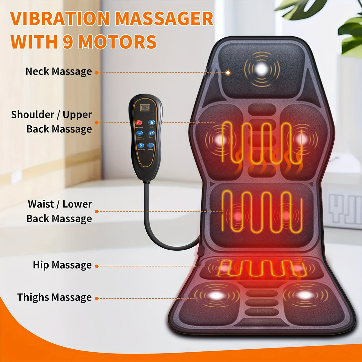 MASSTECK Heated Vibration Seat Cushion with Nine Listed Motors and Triple Back Heating Wording, Black Massage Mat for Compatible Chair or Couch Comfort Routines