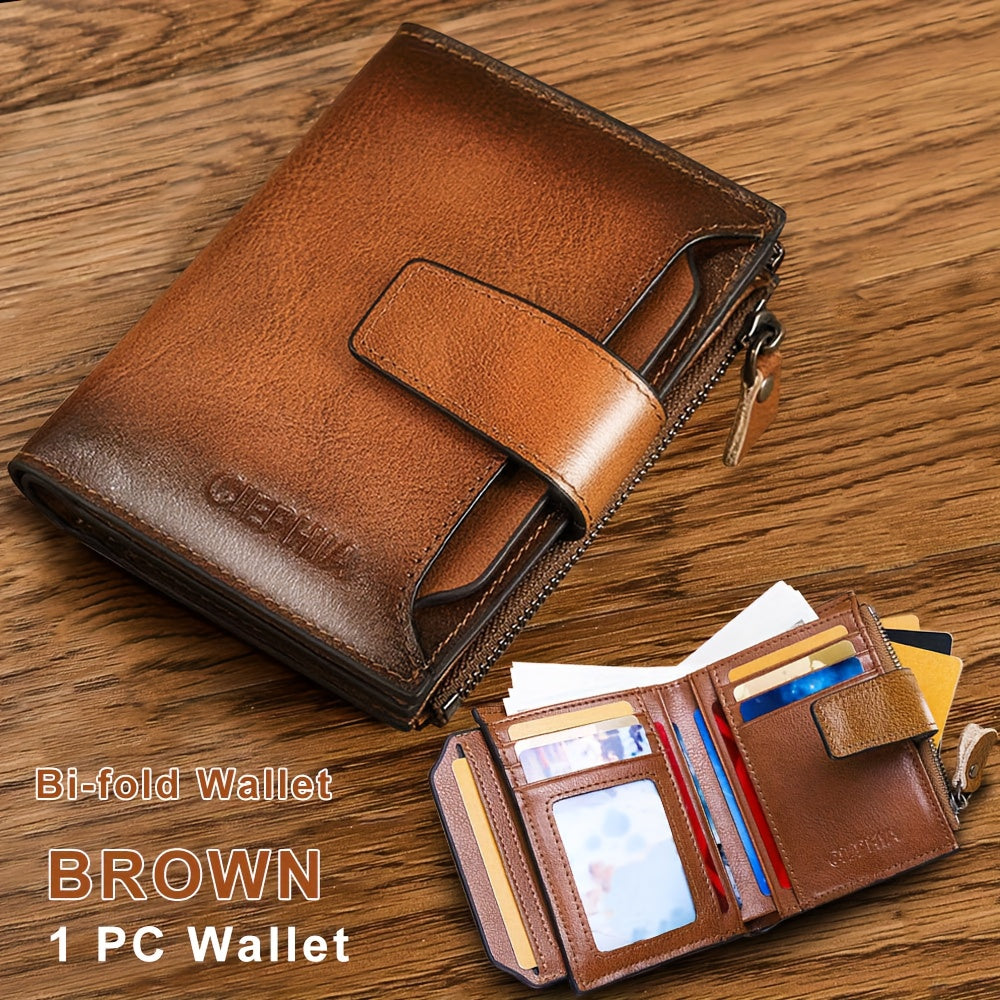 1pc Men's Genuine Leather RFID Blocking Wallet Suitable for Valentine's Day Gift, Vintage Short Top Layer Cowhide Billfold with Zipper Closure, Multi-Function Card Holder & Coin Pocket, ID Holder for Cash,, Keys - Father's Day Gift for Men
