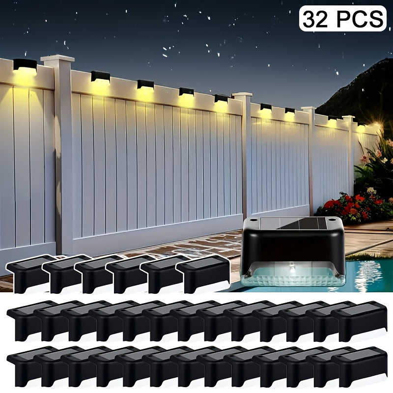 Solar Deck Accent Lights with Automatic Dusk-to-Dawn Switching, 16 or 32 Piece LED Packs in Black, White or Brown for Outdoor Steps, Fences and Patios
