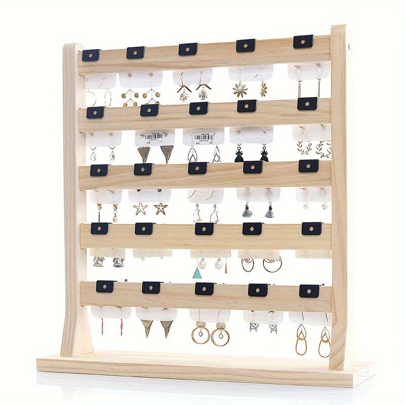 Tiered Wooden Jewelry Display Rack, Earring Card and Necklace Organizer with Removable Metal Hooks in 4, 5 or 6-Layer Light Wood and Oak Color Options