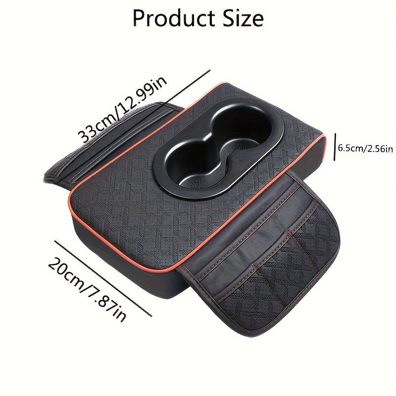 Car Armrest Storage Cover in PU Leather with Two Side Pockets and Two Cup Holders, Center Console Organizer with Tissue Bundle and Refill Options