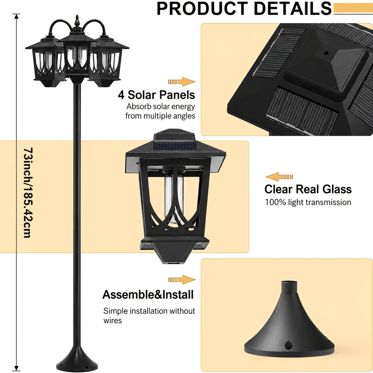 Solar Outdoor Post Light in Black with Three Heads, Warm White Edison Bulbs and Listed 73-Inch Adjustable Height, Single Concrete-Mounted Lamp for Patio Decor