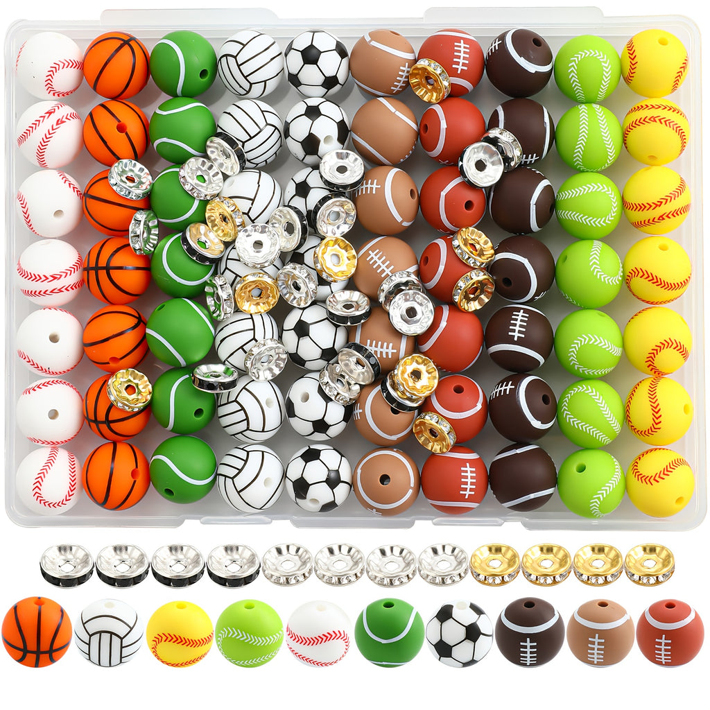 Sports Ball Silicone Bead Set by Foyotri, Listed 103 Pieces with 15mm Round Straight-Hole Beads in Mixed Colors for DIY Bracelets, Jewelry and Decorative Crafts