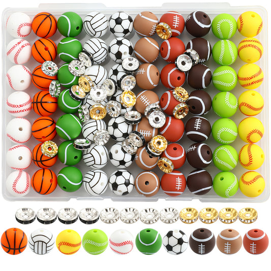 Sports Ball Silicone Bead Set by Foyotri, Listed 103 Pieces with 15mm Round Straight-Hole Beads in Mixed Colors for DIY Bracelets, Jewelry and Decorative Crafts