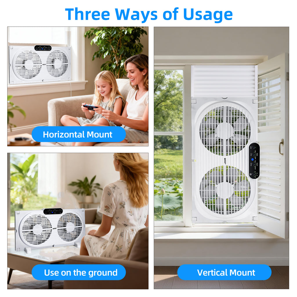 Twin Window Fan with 9-Inch Design, Reversible Airflow and Three Speeds, Listed 23.8-37 Inch Expandable Width with Remote or Timer Options for Home Bedrooms