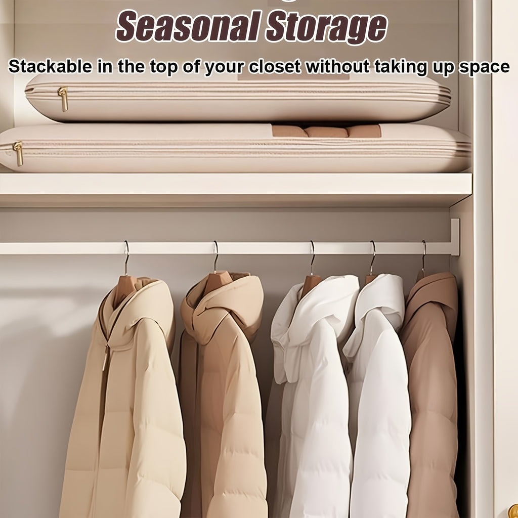 Hanging Compression Garment Storage Bags with Listed See-Through Design and Zipper, Small, Medium or Large Labels in Beige or Pink for Winter Wardrobe Organization