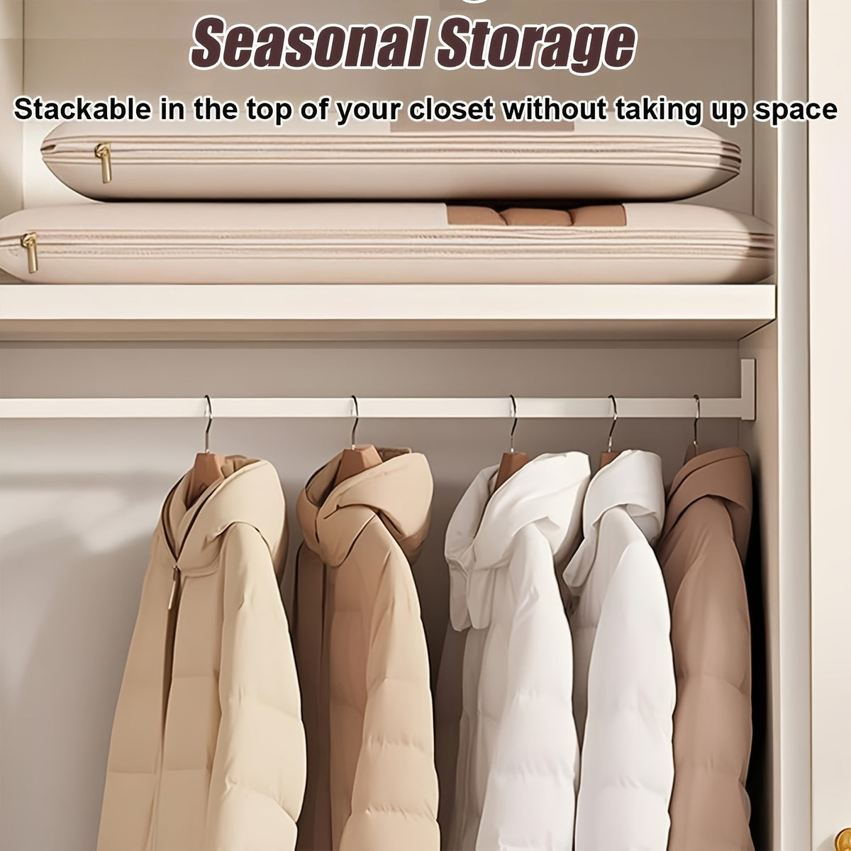 Hanging Compression Garment Storage Bags with Listed See-Through Design and Zipper, Small, Medium or Large Labels in Beige or Pink for Winter Wardrobe Organization