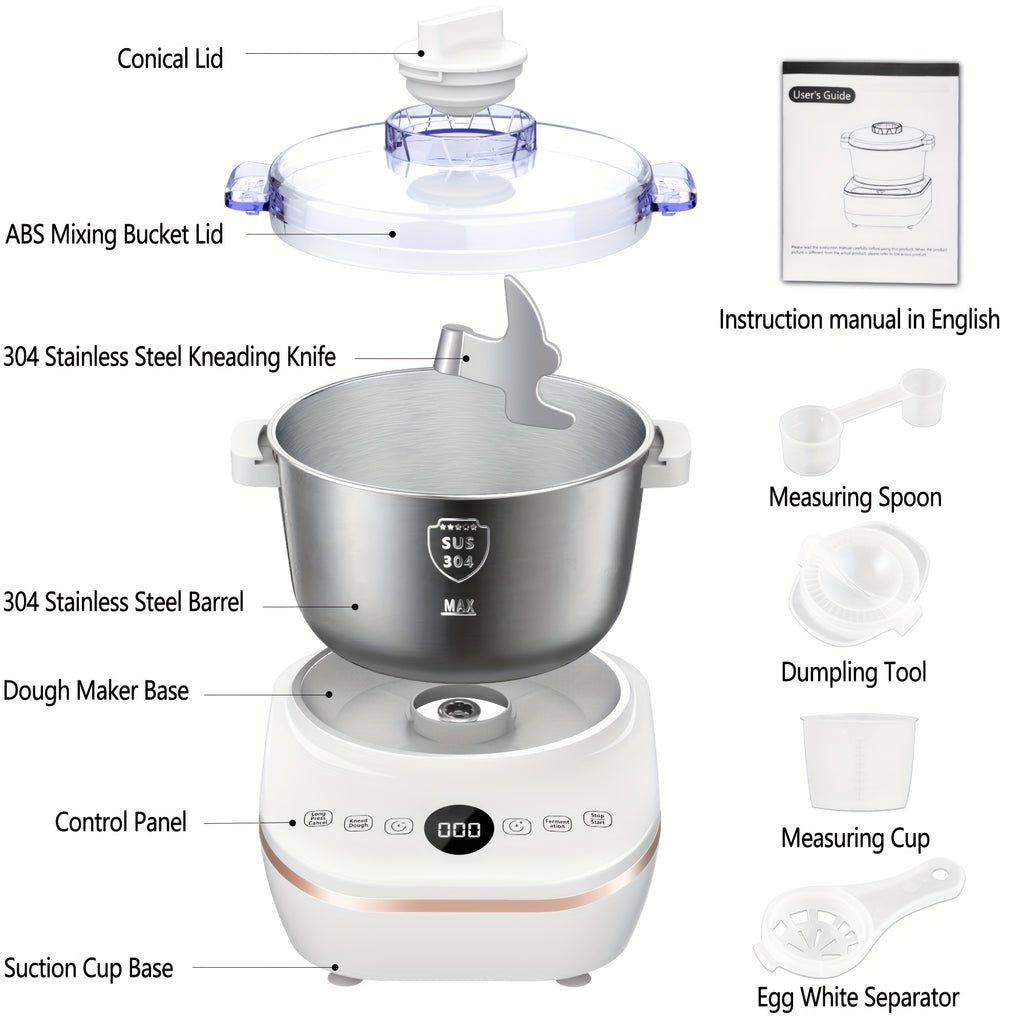 Timed Dough Mixing and Fermentation Machine in White with Listed 250W Motor, 304 Stainless Steel Bowl and Three Modes for Bread, Pizza and Home Dough Prep