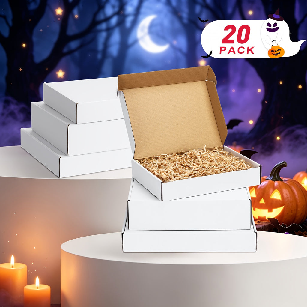 Corrugated Cardboard Mailer Boxes 20-Pack with Listed Thank You Stickers, White or Brown Folding Shipping Box Options for Small Business and Gift Packaging