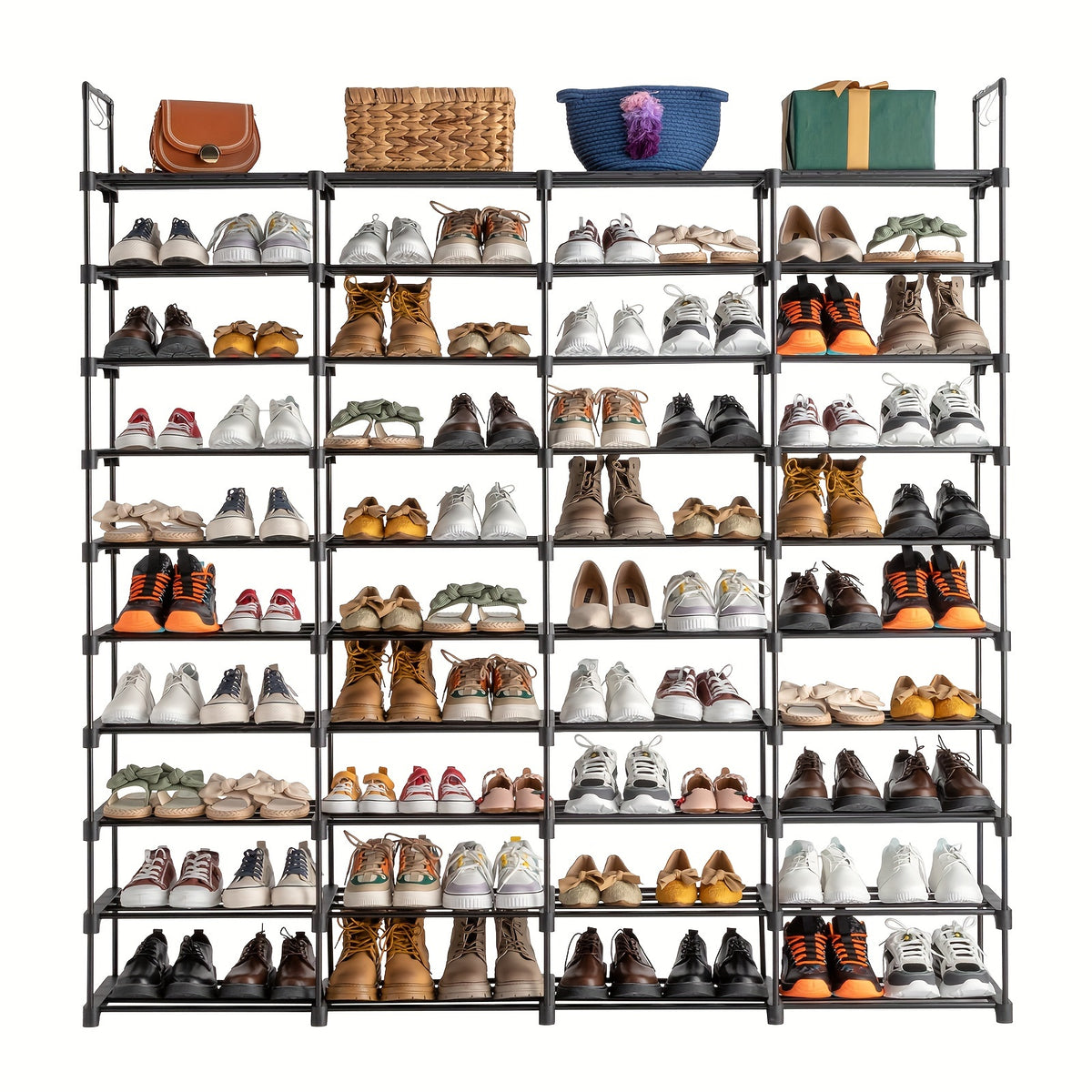 Modular Shoe Rack Organizer with Listed Metal Tubes and Tool-Free Assembly, Nine or Ten Shelf Configuration Labels for Entryway, Closet and Dorm Footwear Storage