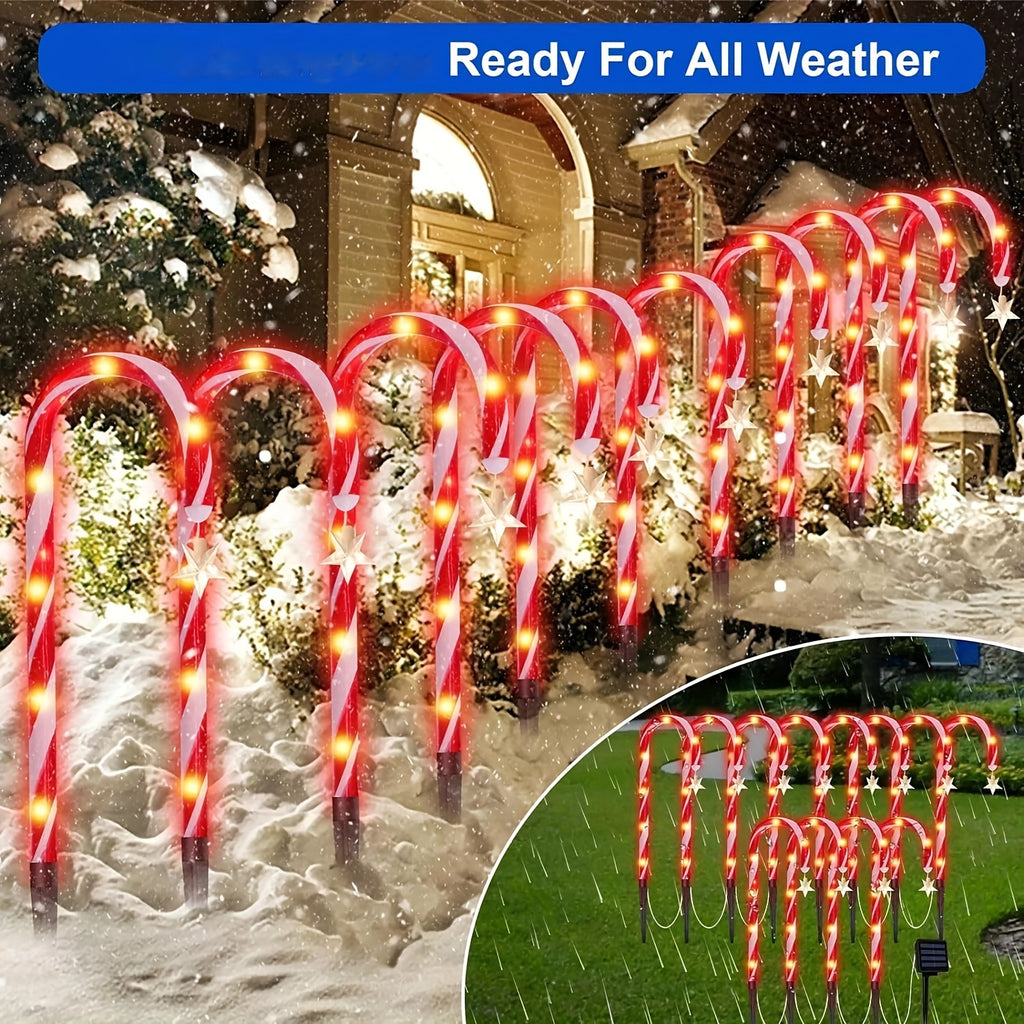 Solar Candy Cane Pathway Lights, 12-Piece Set with 48 Total LEDs, Eight Lighting Modes and Ground Stakes for Christmas Lawn, Garden and Front Yard Displays