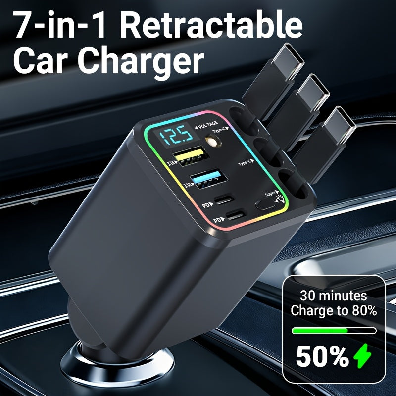 Retractable Cable Car Charger, Three Extendable Leads with Color Lighting, LED Digital Display and Listed 180-Degree Adjustment for In-Car Phone Charging