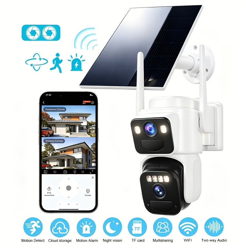 Dual-Screen Solar WiFi Security Camera with Fixed Wide-Angle and Rotating PTZ Lenses, 8000mAh Battery, Night Vision, Two-Way Audio and Optional TF Card Packages