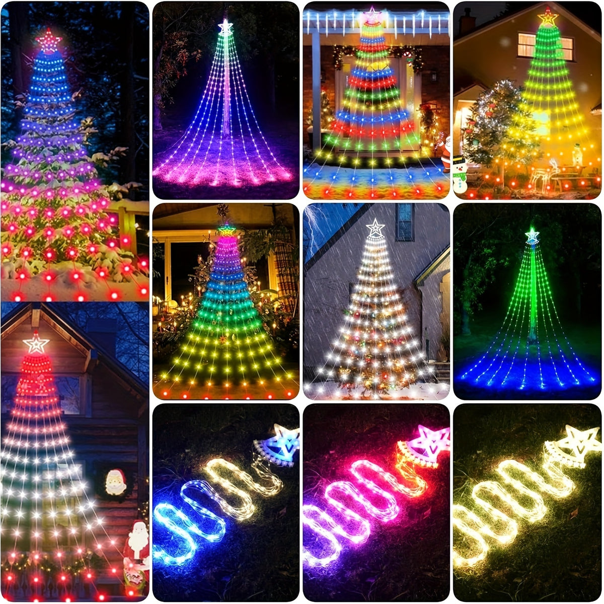 Waterfall Christmas Tree Lights with Star and Listed 350 LEDs, 11.8ft RGB Music-Sync Holiday Display with Remote, App Control, Timer and USB Power